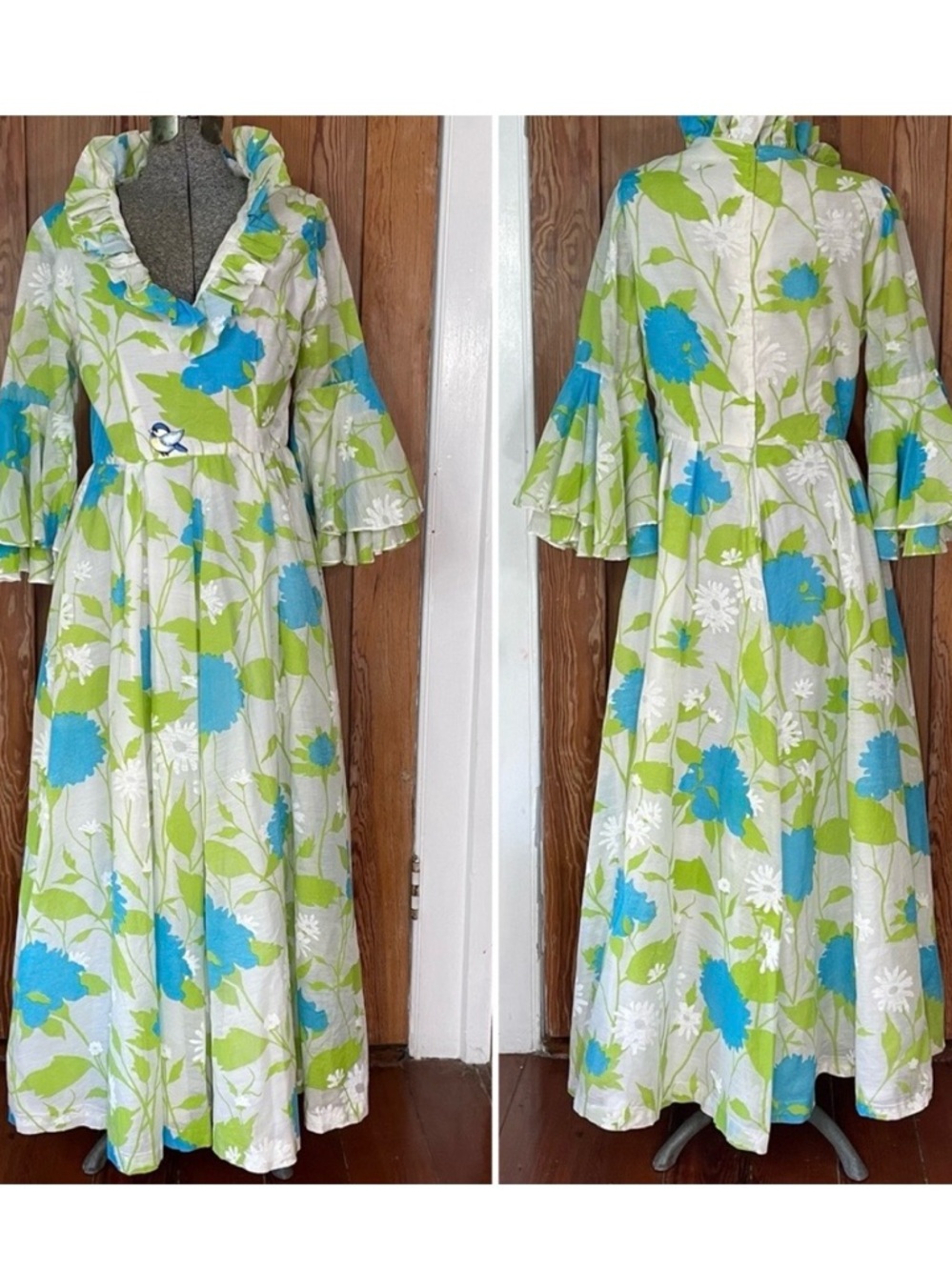 Vintage Handmade Romantic Maxi Dress Ruffle Neck Bell Sleeves Bird Appliqué ~M